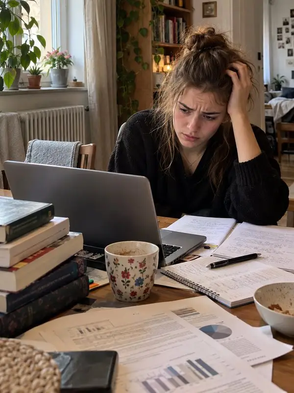 Szakdolgozatíró hallgató elakadva ül a laptopja előtt, kérdőíves eredmények és jegyzetek között